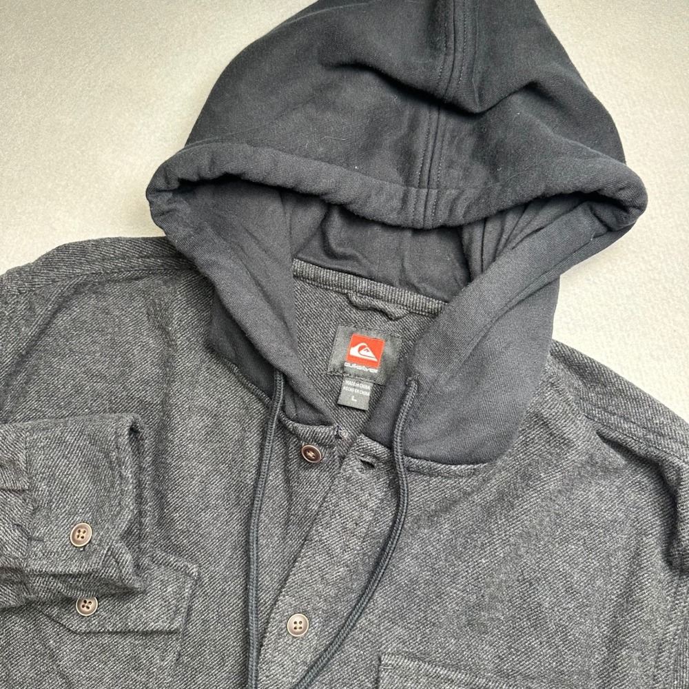Quiksilver Hooded Flannel Shirt Mens Large Charcoal Grey Black Button Up 0890